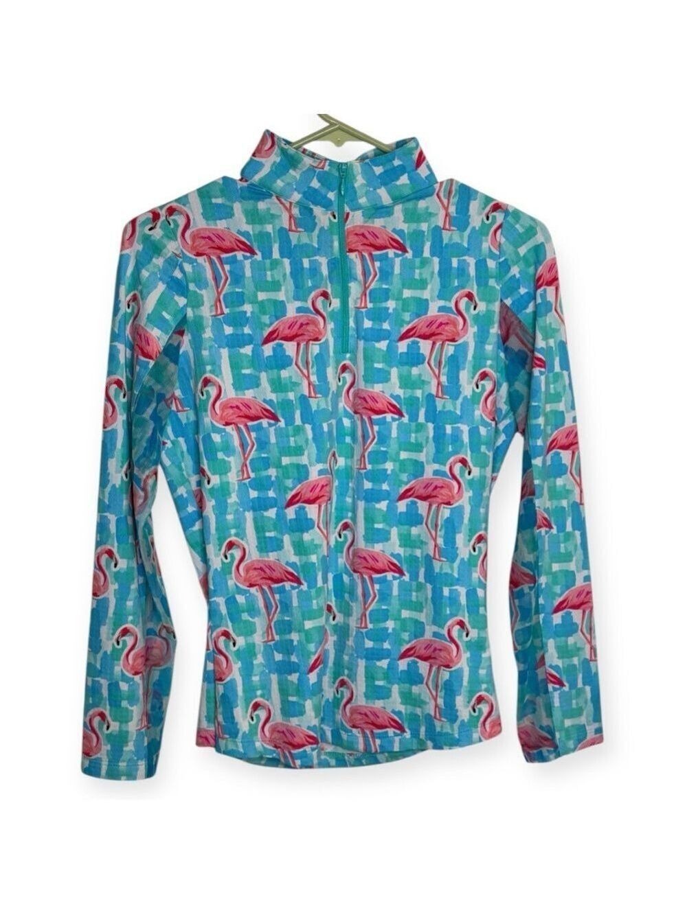 IBKUL Pink Flamingo Blue Mesh 1/4 Zip Sun Shirt Extra Small Cooling UPF 50+